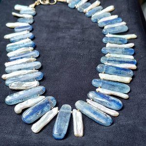 Gemstones Blue Kyanite & Pearl Choker Necklace with 14k Ring Fastener New Box